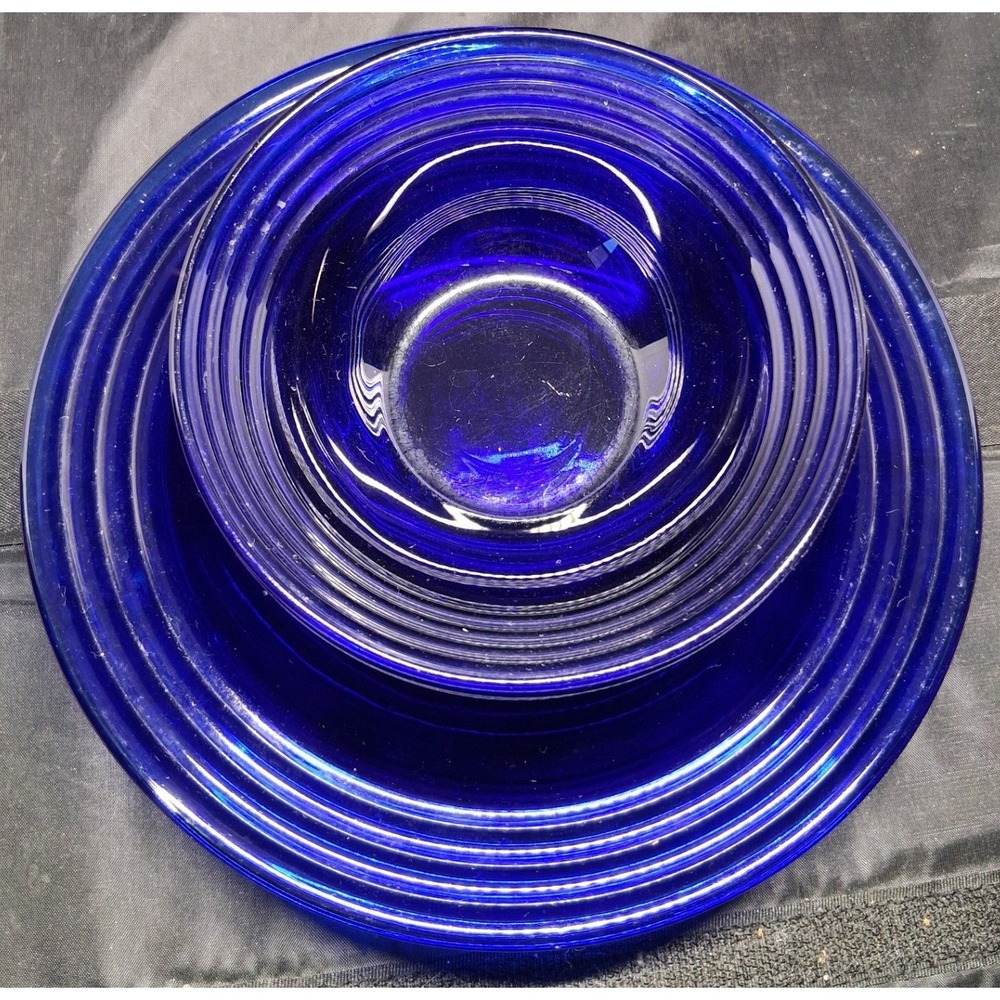 Cobalt Blue Glass Bowl Set 5 Piece Ribbed Concentric Ring Serving Cereal Bowls